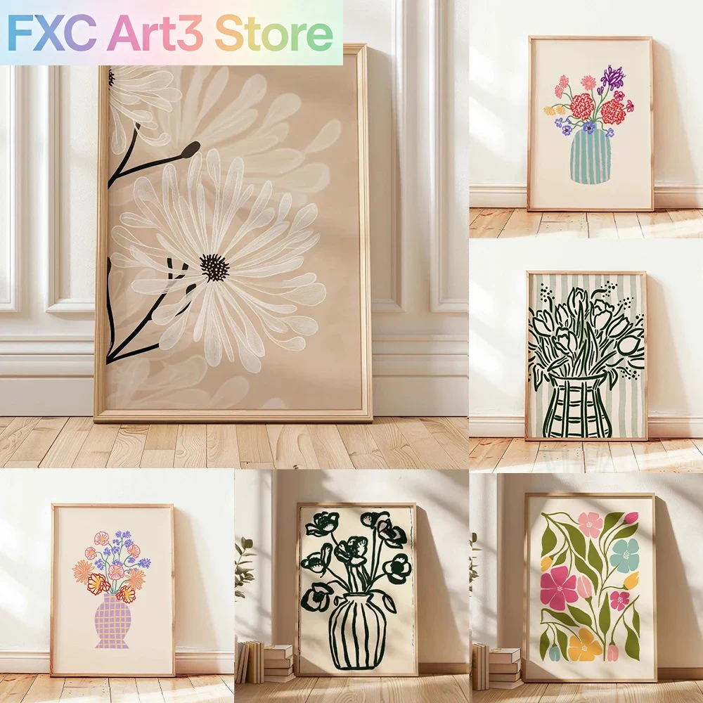 Plant Parenting - Frameloos, 1 stuk retro beige bloemenlijndruk,