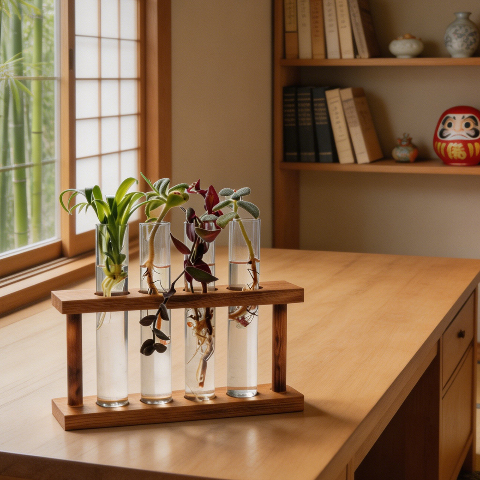 Plant Parenting - Houten plantenvermeerderingsstation met glazen reageerbuisvaas houder,